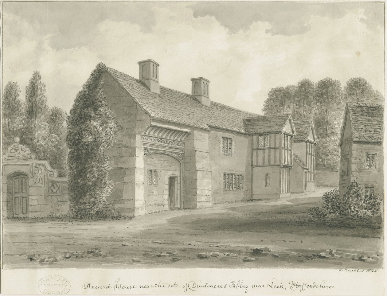 Dieulacres Abbey - Ancient House: sepia tegning af John Buckler