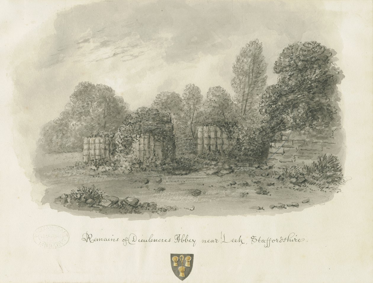 Dieulacres Abbey: sepia wash drawing, 1847dani af John Buckler