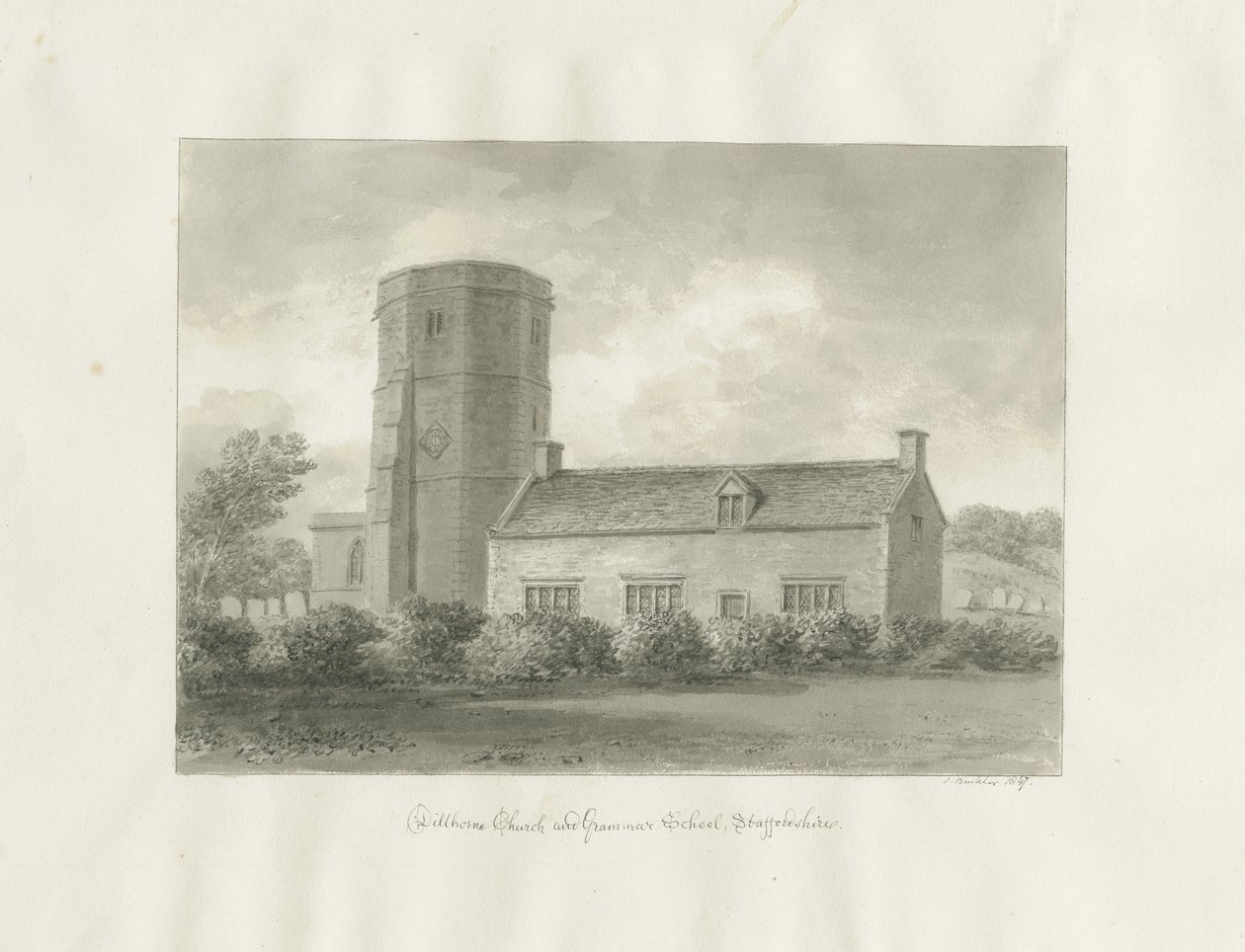 Dilhorne - Kirke og Gymnasium: sepia tegning af John Buckler