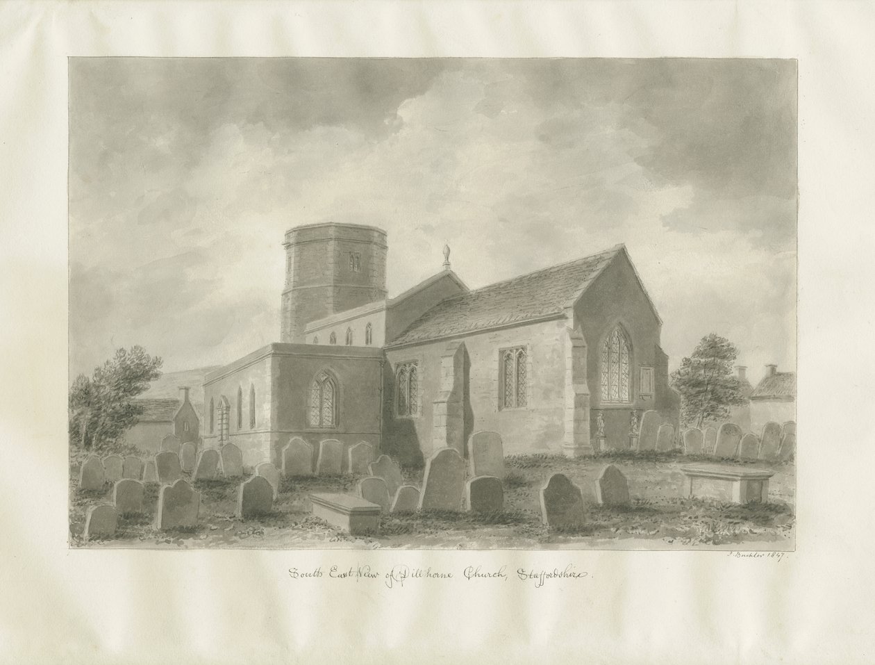 Dilhorne Kirke: sepia tegning af John Buckler