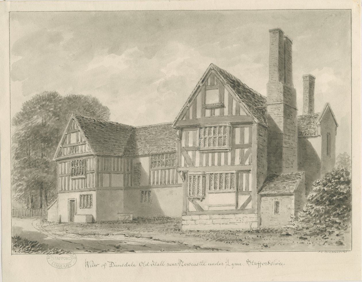Dimsdale Old Hall: sepia tegning, 1841 af John Buckler