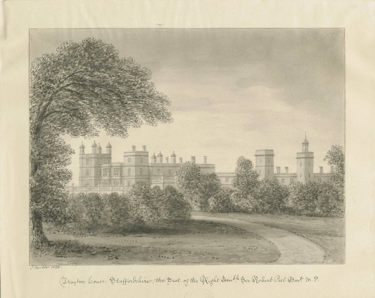 Drayton Bassett - "Drayton Manor": sepia tegning, 1838 af John Buckler