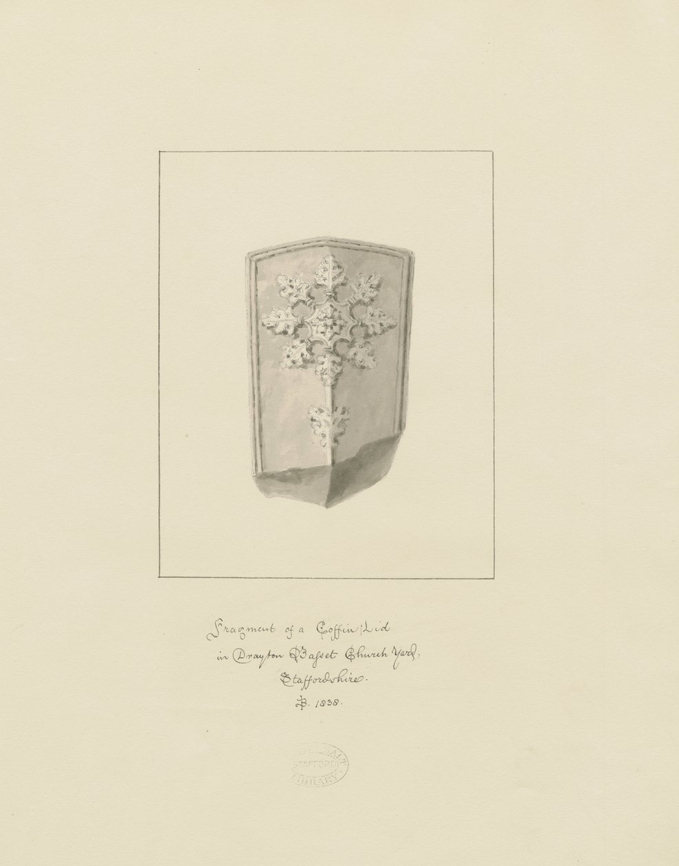 Drayton Bassett Church - kistelåg: sepia tegning, 1838 af John Buckler