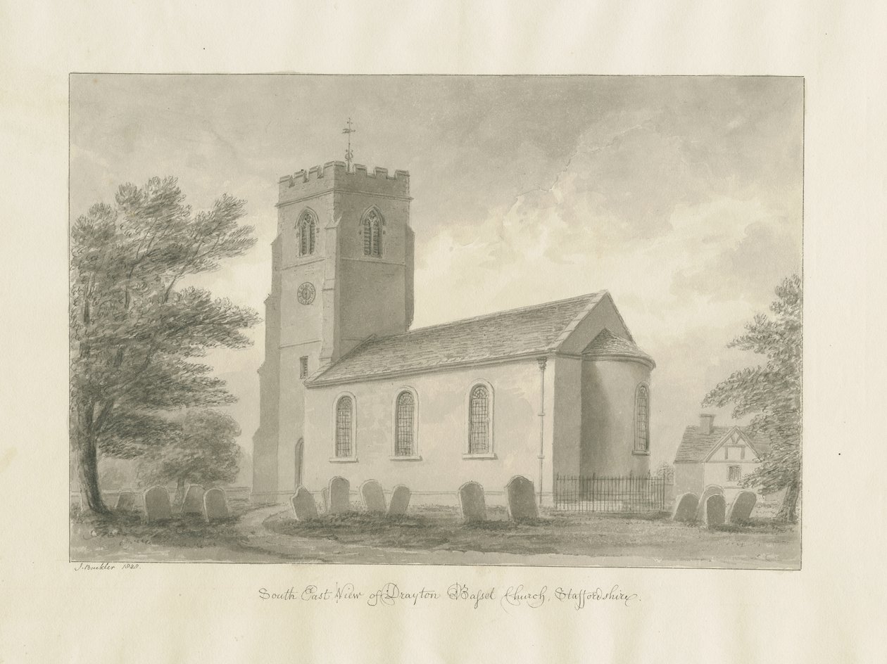 Drayton Bassett Church: sepia tegning, 1848 af John Buckler