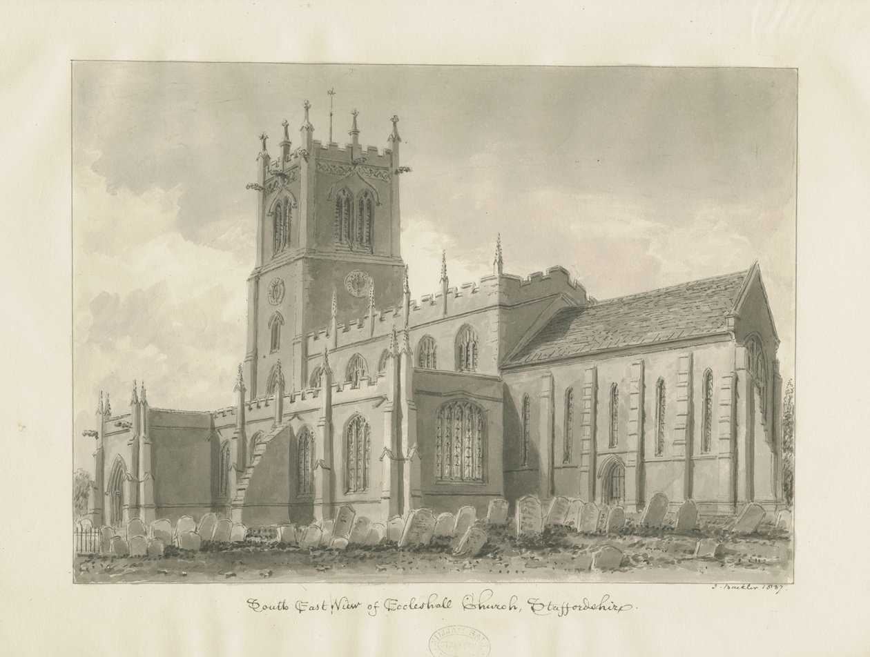 Eccleshall Church: sepia tegning af John Buckler
