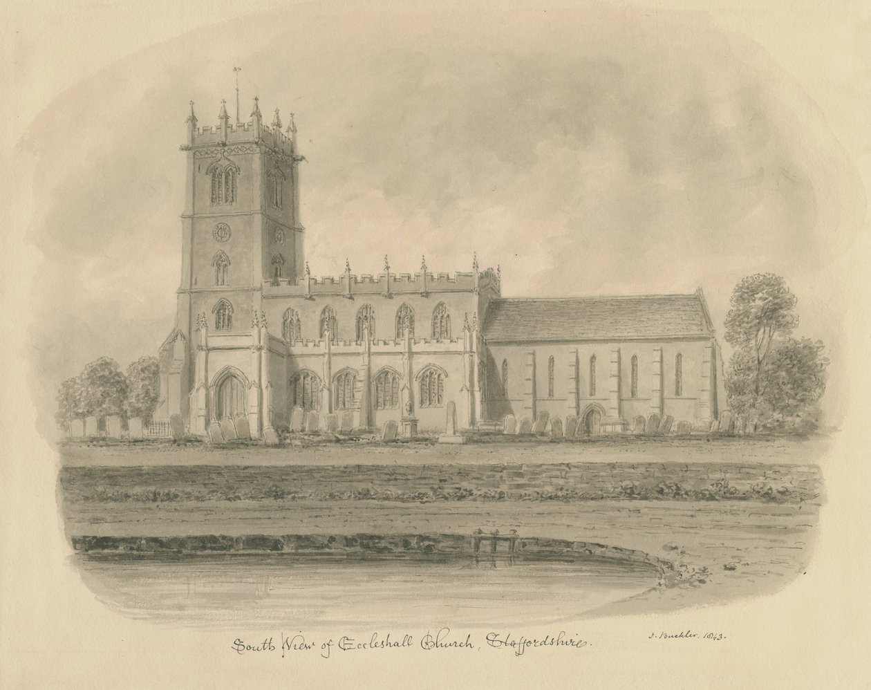 Eccleshall Church: sepia tegning af John Buckler
