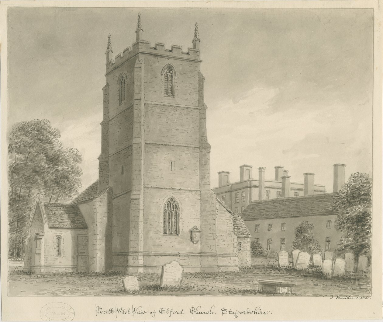 Elford Church: sepia drawing, 1838dani af John Buckler
