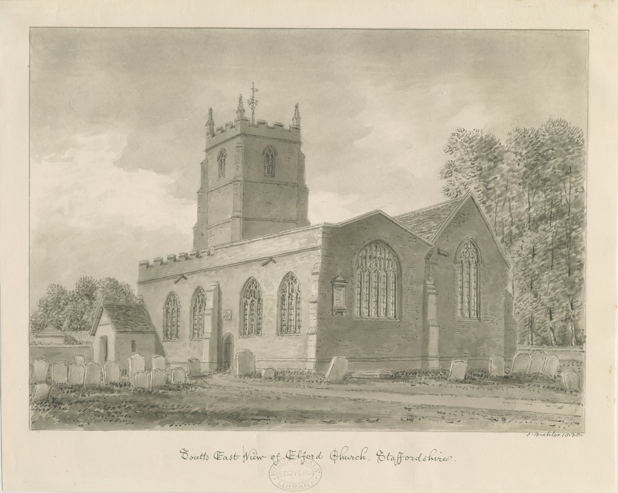 Elford Church: sepia tegning, 1838 af John Buckler