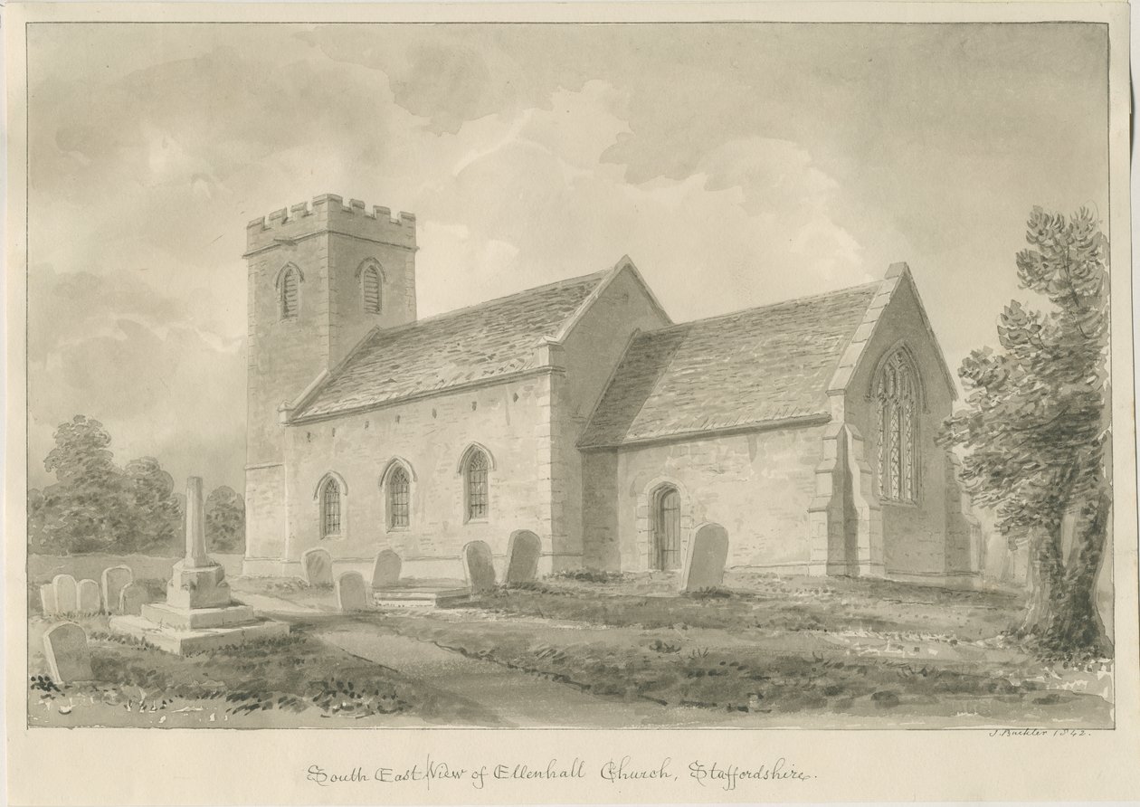 Ellenhall Church: sepia tegning af John Buckler