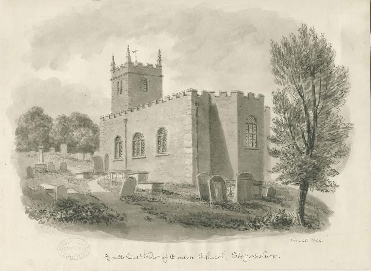 Endon Church: sepia tegning af John Buckler