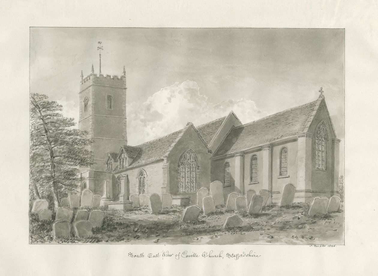 Enville kirke: sepia tegning, 1846 af John Buckler
