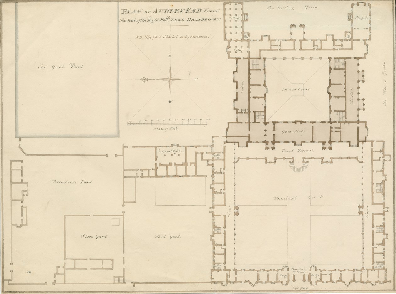 Essex - Audley End - Plan: sepia tegning, 1815 af John Buckler