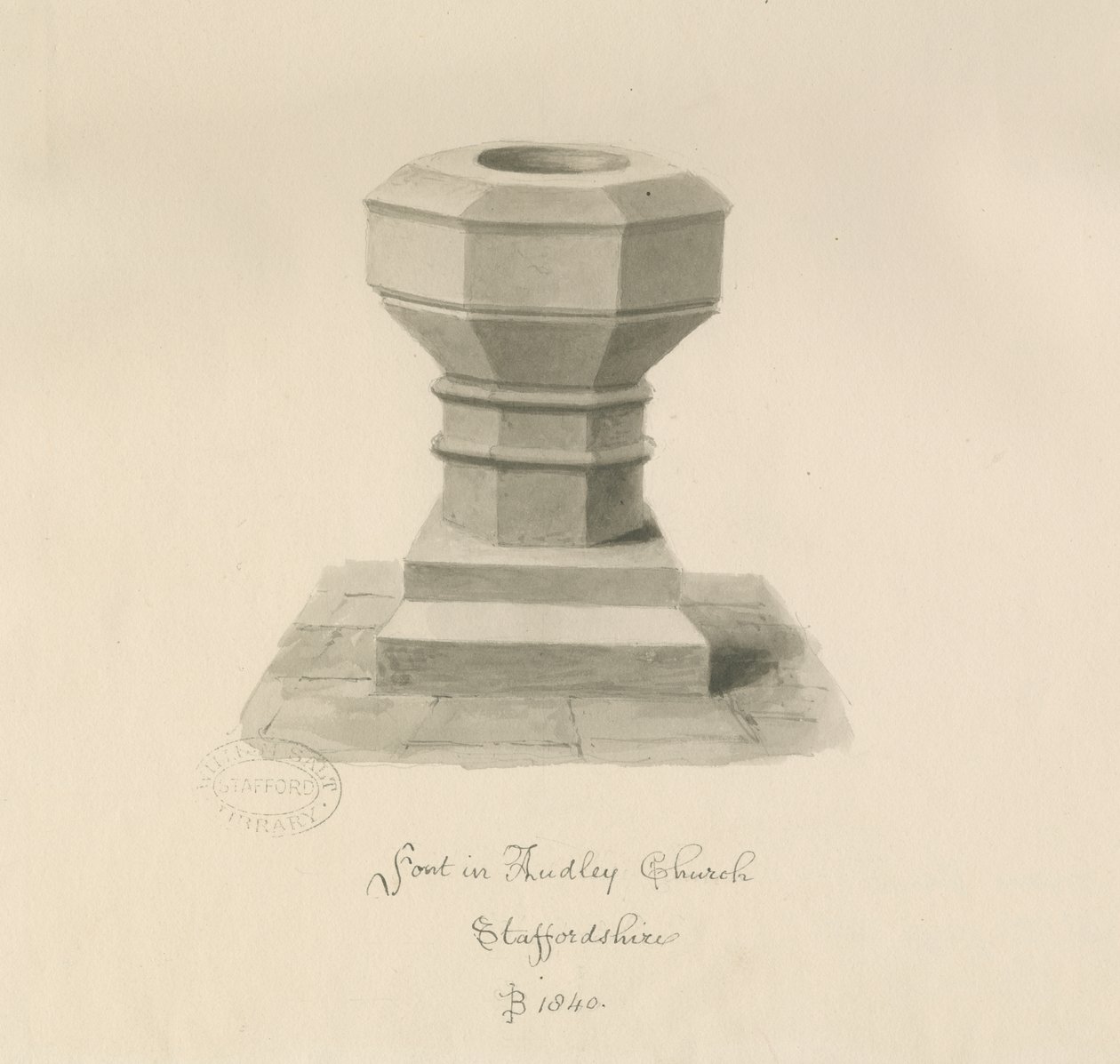 Font i Audley Church: sepia-tegning, 1840 af John Buckler