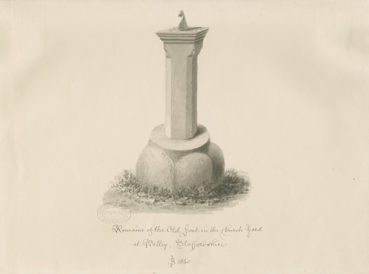 Skrifttype ved Betley Church: sepia-tegning af John Buckler