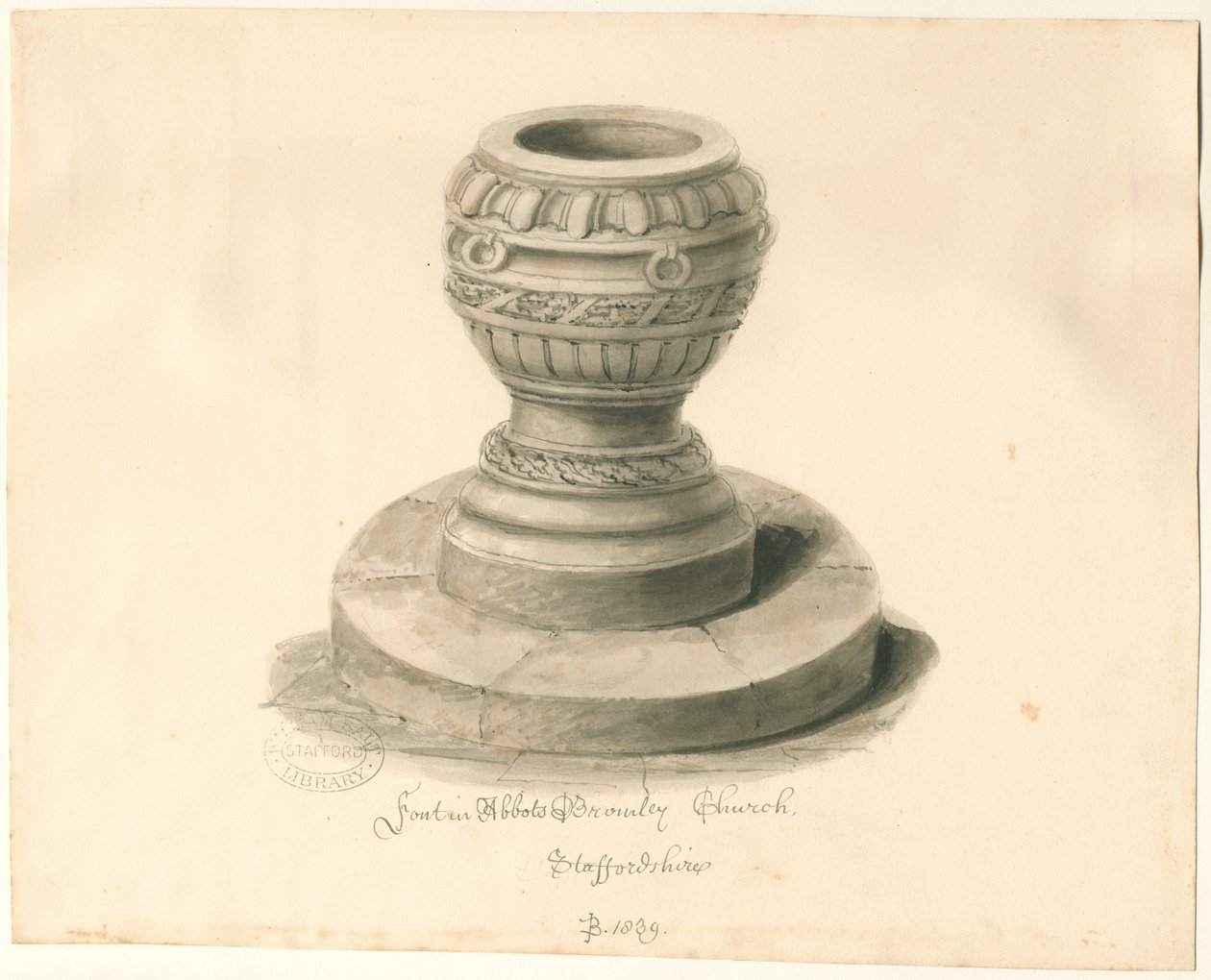 Skrifttype i Abbots Bromley Church: sepia-tegning af John Buckler