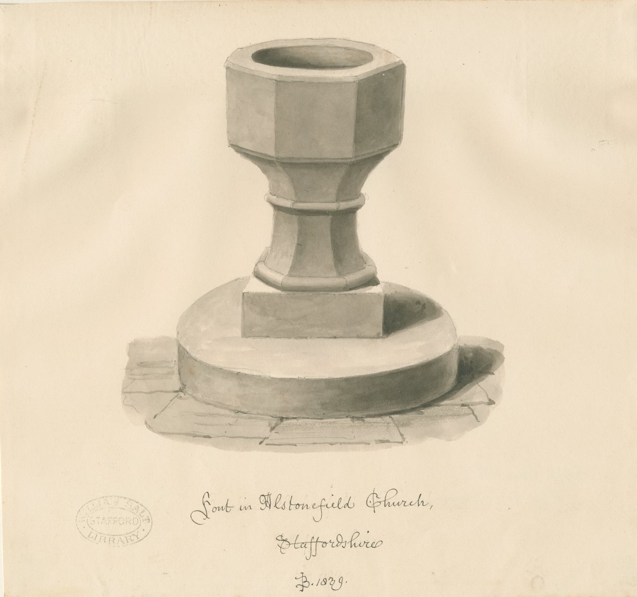 Skrifttype i Alstonfield Church: sepia-tegning af John Buckler