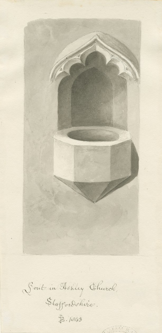 Skrifttype i Ashley Church: sepia-tegning, 1843 af John Buckler