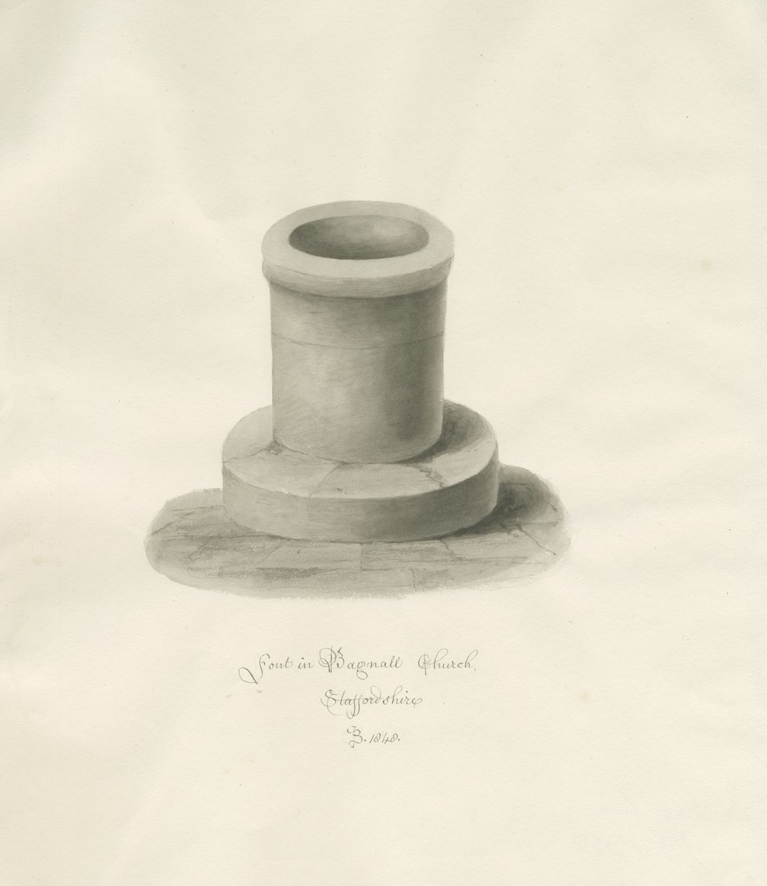 Skrifttype i Bagnall Kirke: sepia tegning af John Buckler