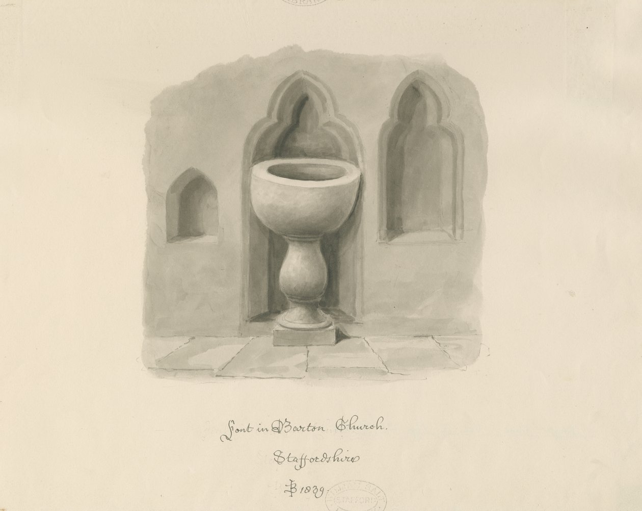 Skrifttype i Barton under Needwood Church: sepia-tegning af John Buckler