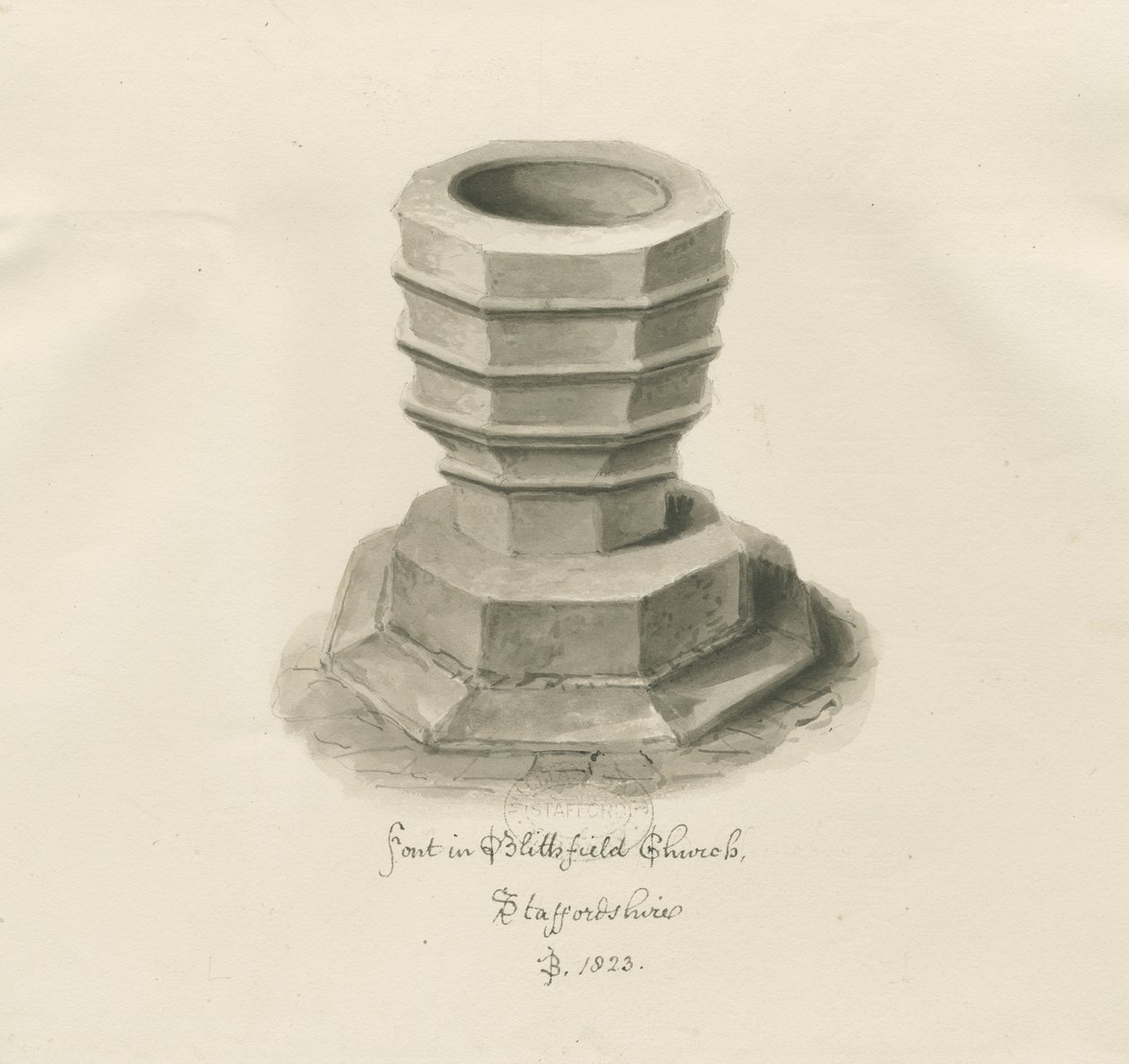 Skrifttype i Blithfield Church: sepia-tegning af John Buckler