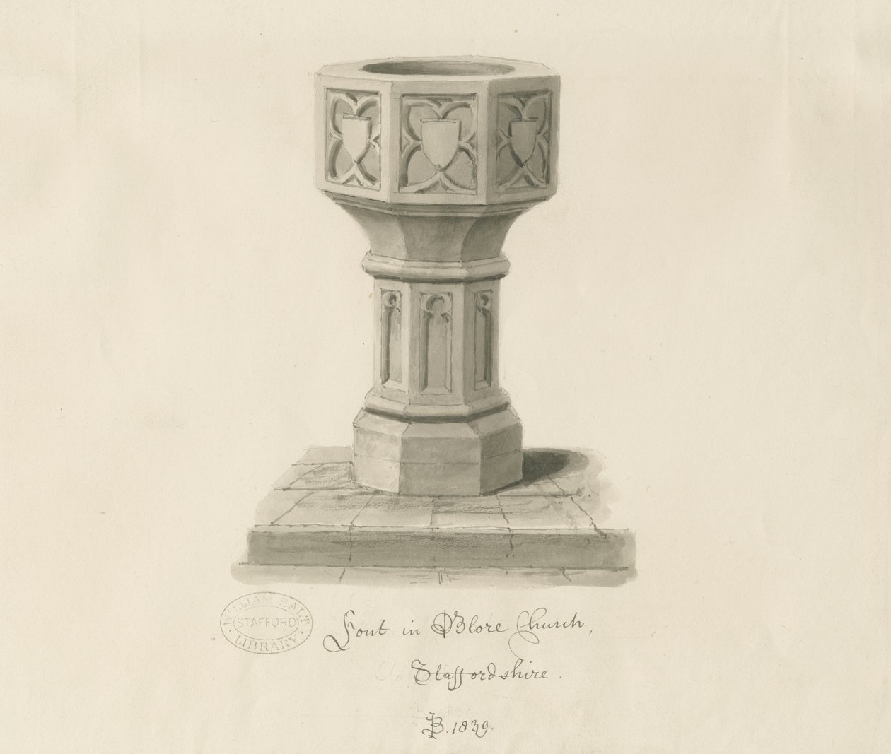 Font i Blore Church: sepia-tegning, 1839 af John Buckler