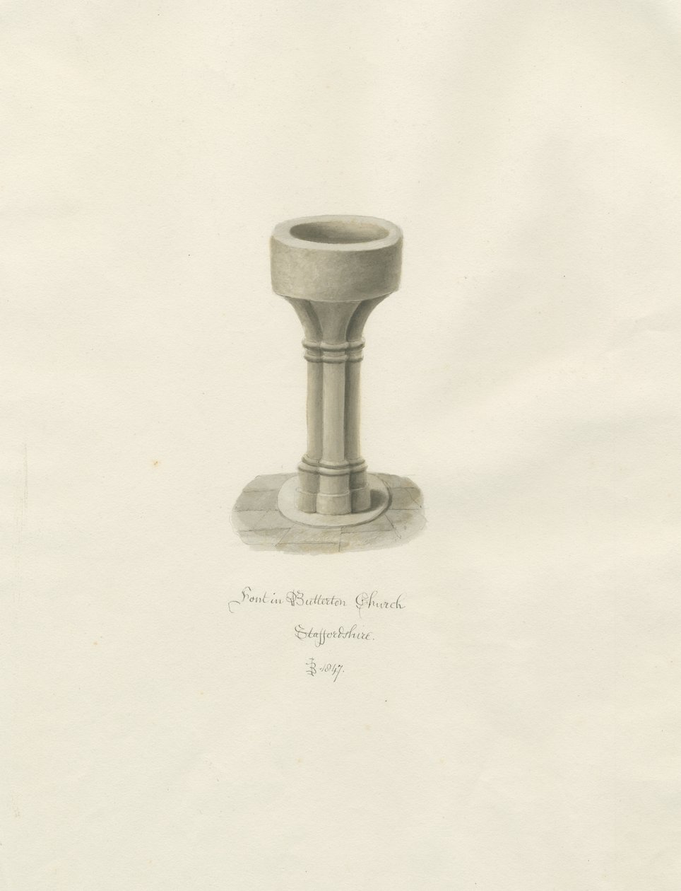 Skrifttype i Butterton Church: sepia tegning af John Buckler