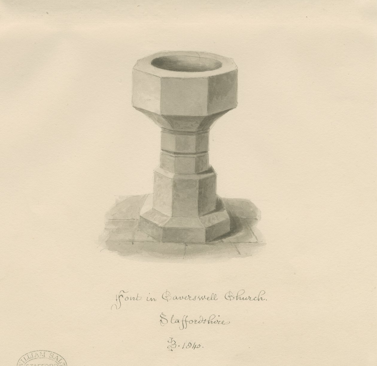 Font i Caverswall Church: sepia-tegning, 1840 af John Buckler