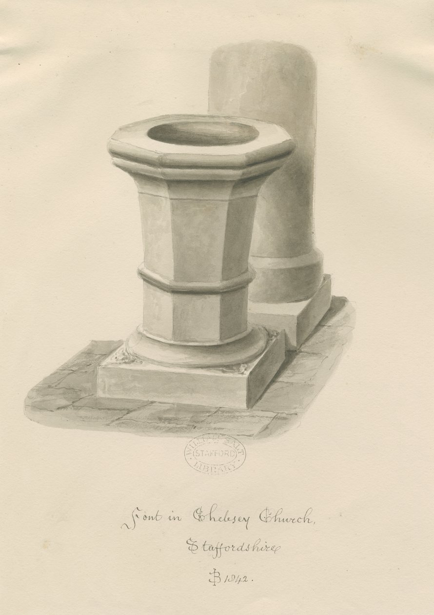 Skrifttype i Chebsey Church: sepia tegning af John Buckler