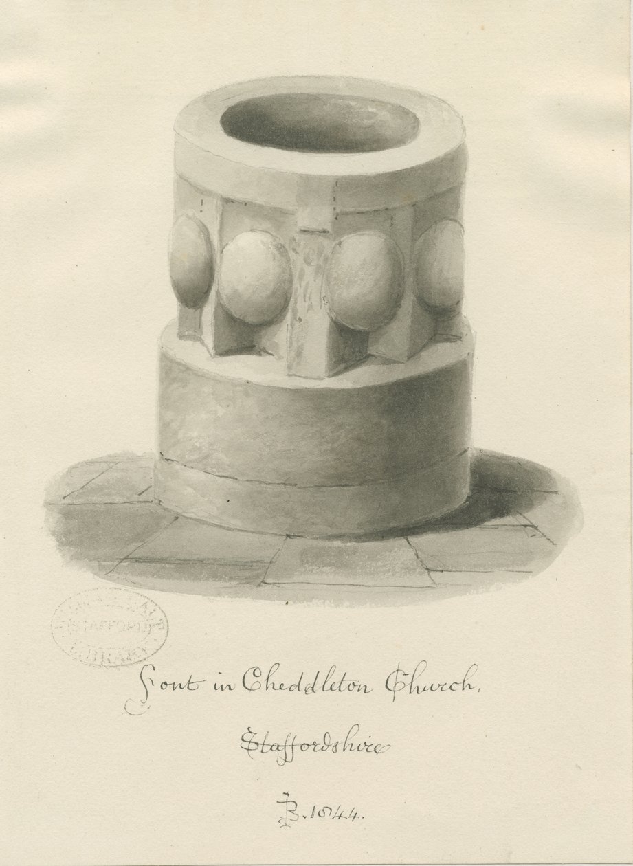 Font in Cheddleton Church: sepia drawing, 1844dani af John Buckler