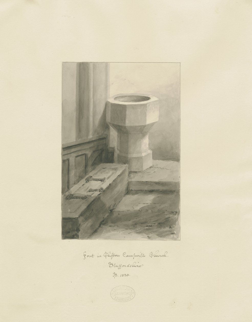 Skrifttype i Clifton Campville Church: sepia tegning af John Buckler