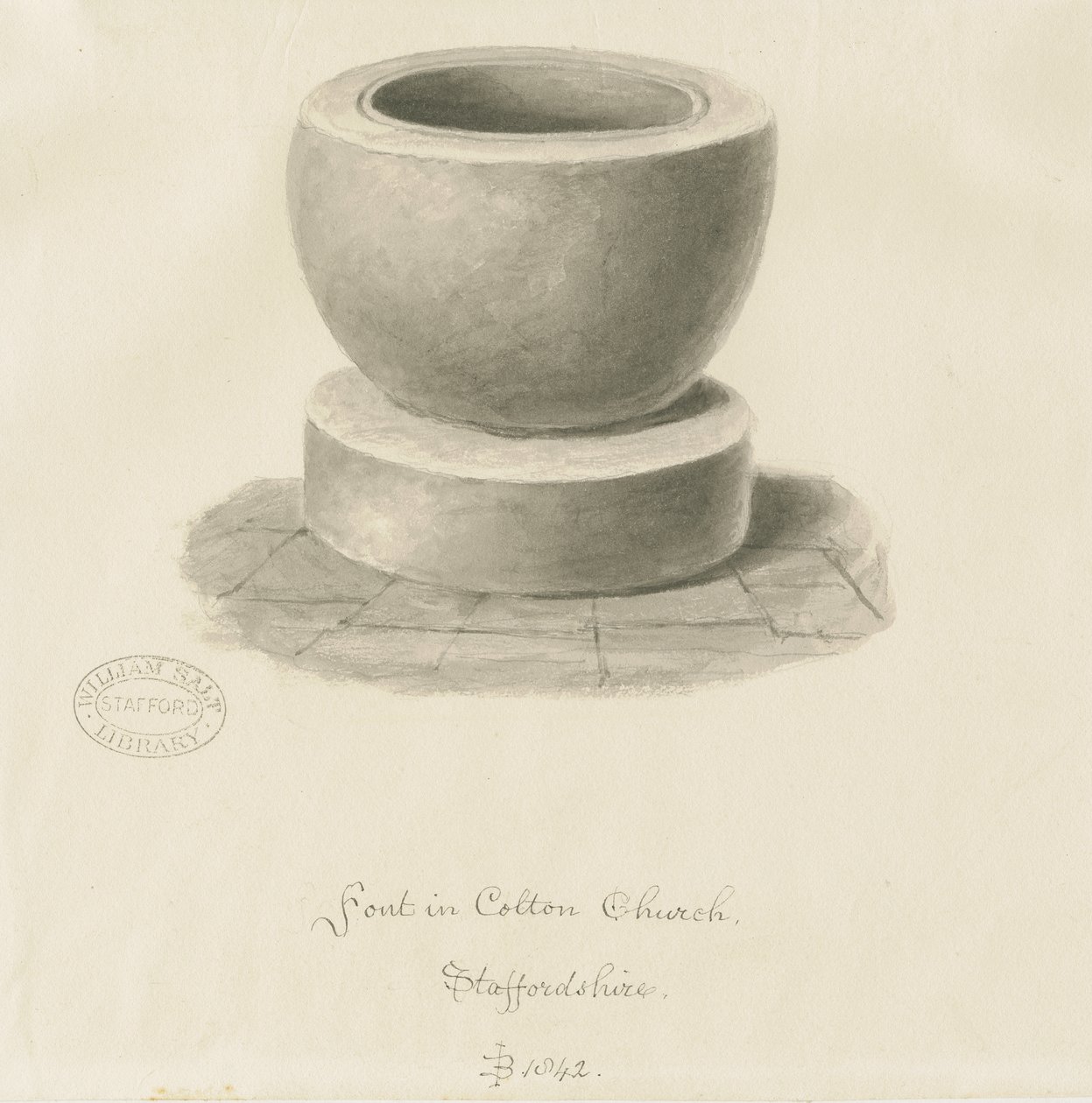 Skrifttype i Colton Church: sepia-tegning, 1842 af John Buckler