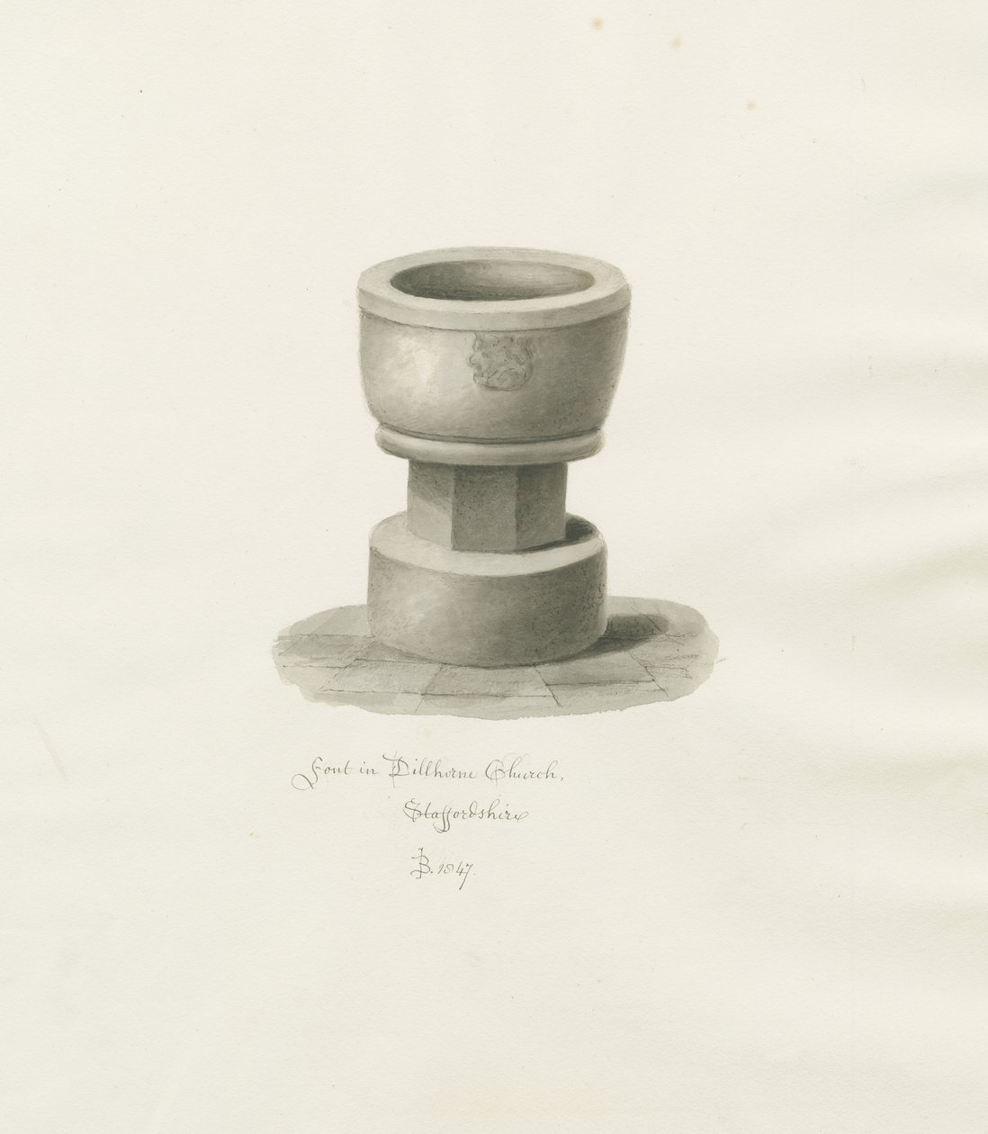 Font in Dilhorne Church: sepia drawing, 1847dani af John Buckler