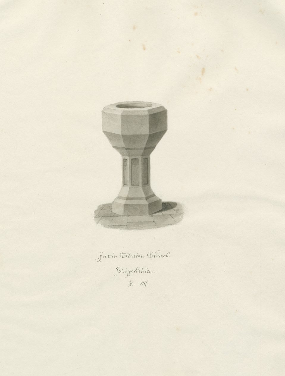 Skrifttype i Ellastone Church: sepia tegning af John Buckler