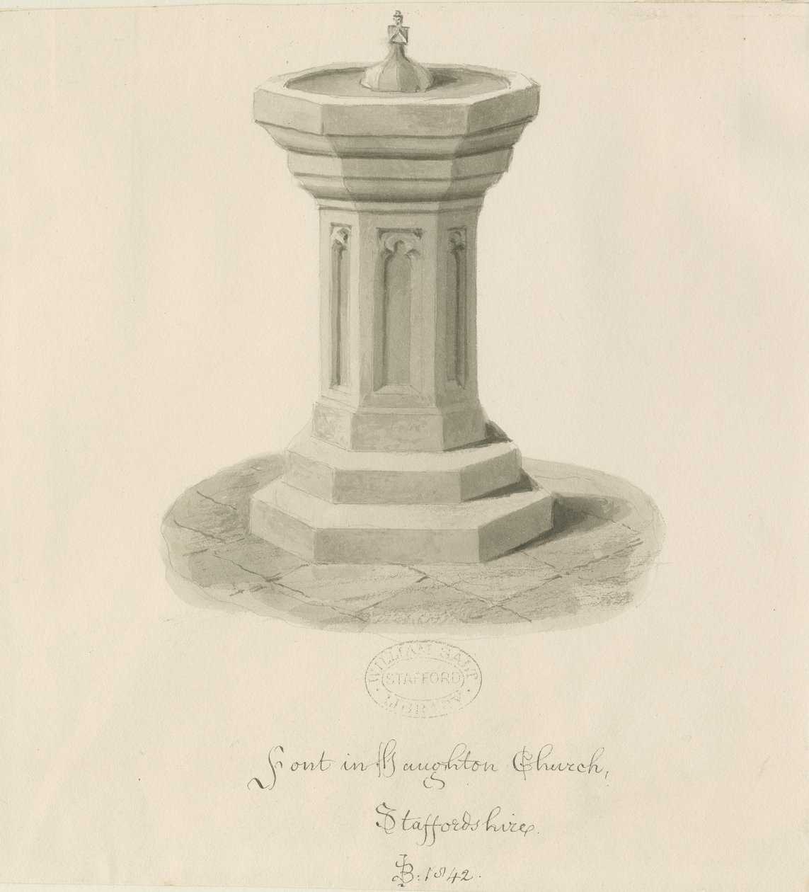Skrifttype i Haughton Church: sepia-tegning af John Buckler