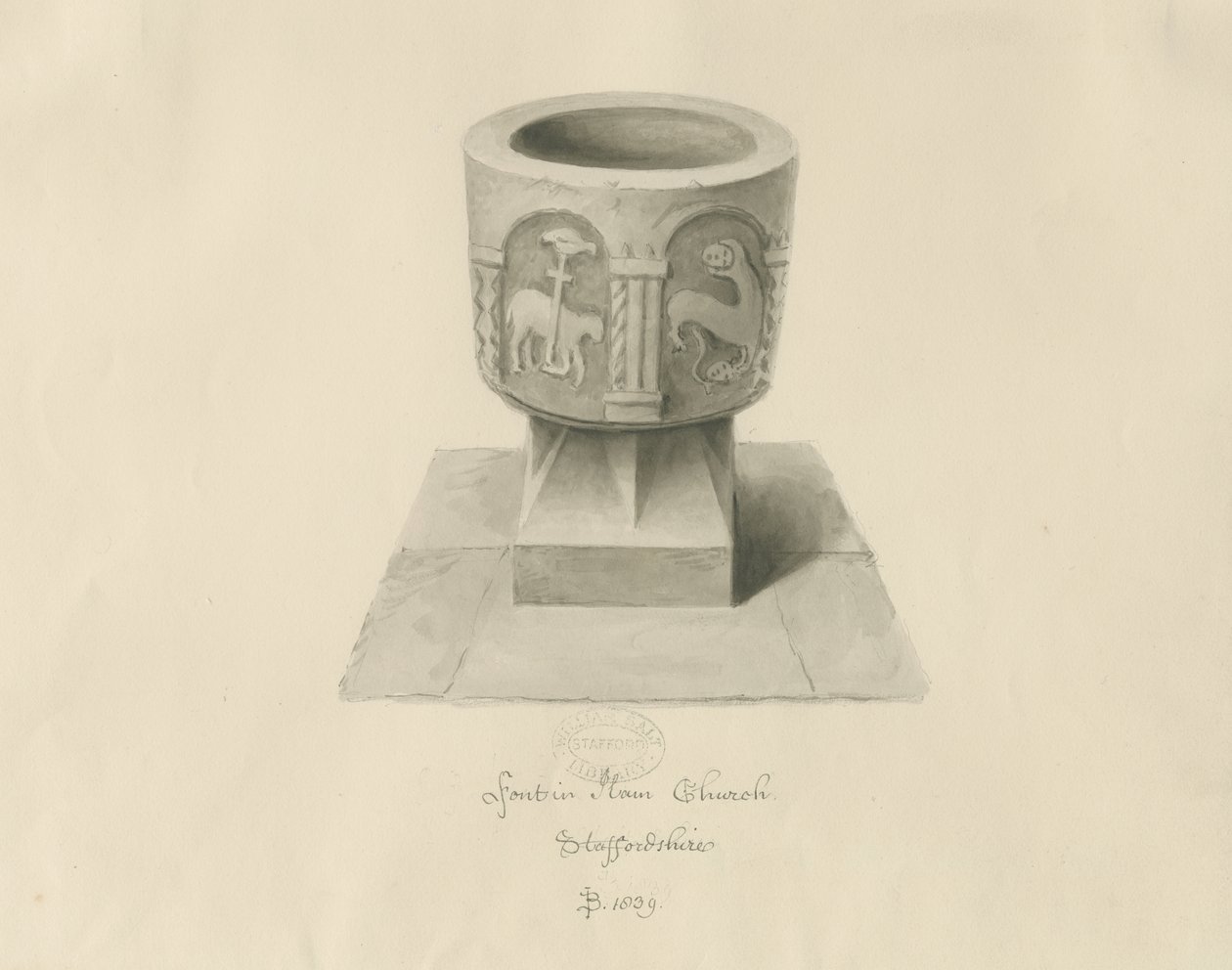Skrifttype i Ilam Kirke: sepia tegning af John Buckler