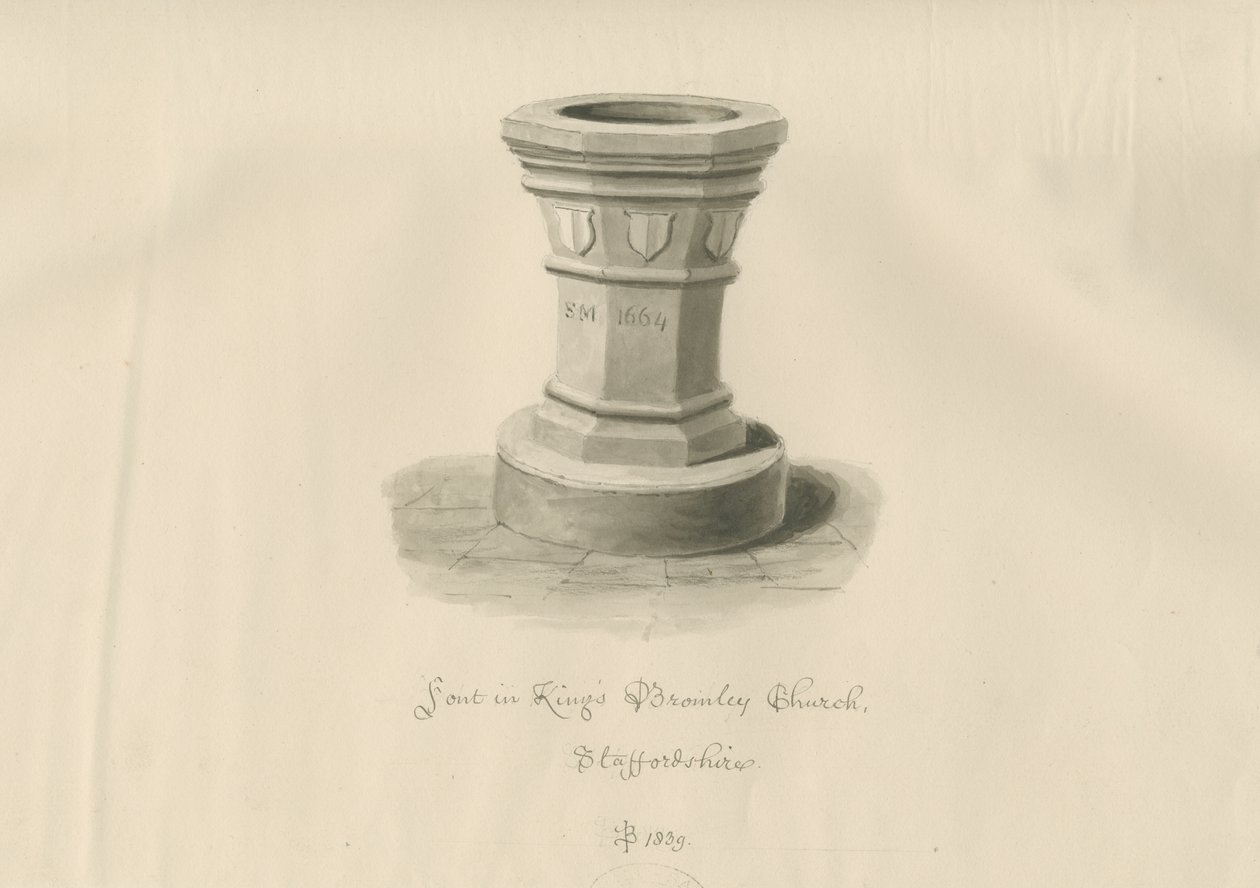 Skrifttype i Kings Bromley Church: sepia-tegning, 1839 af John Buckler