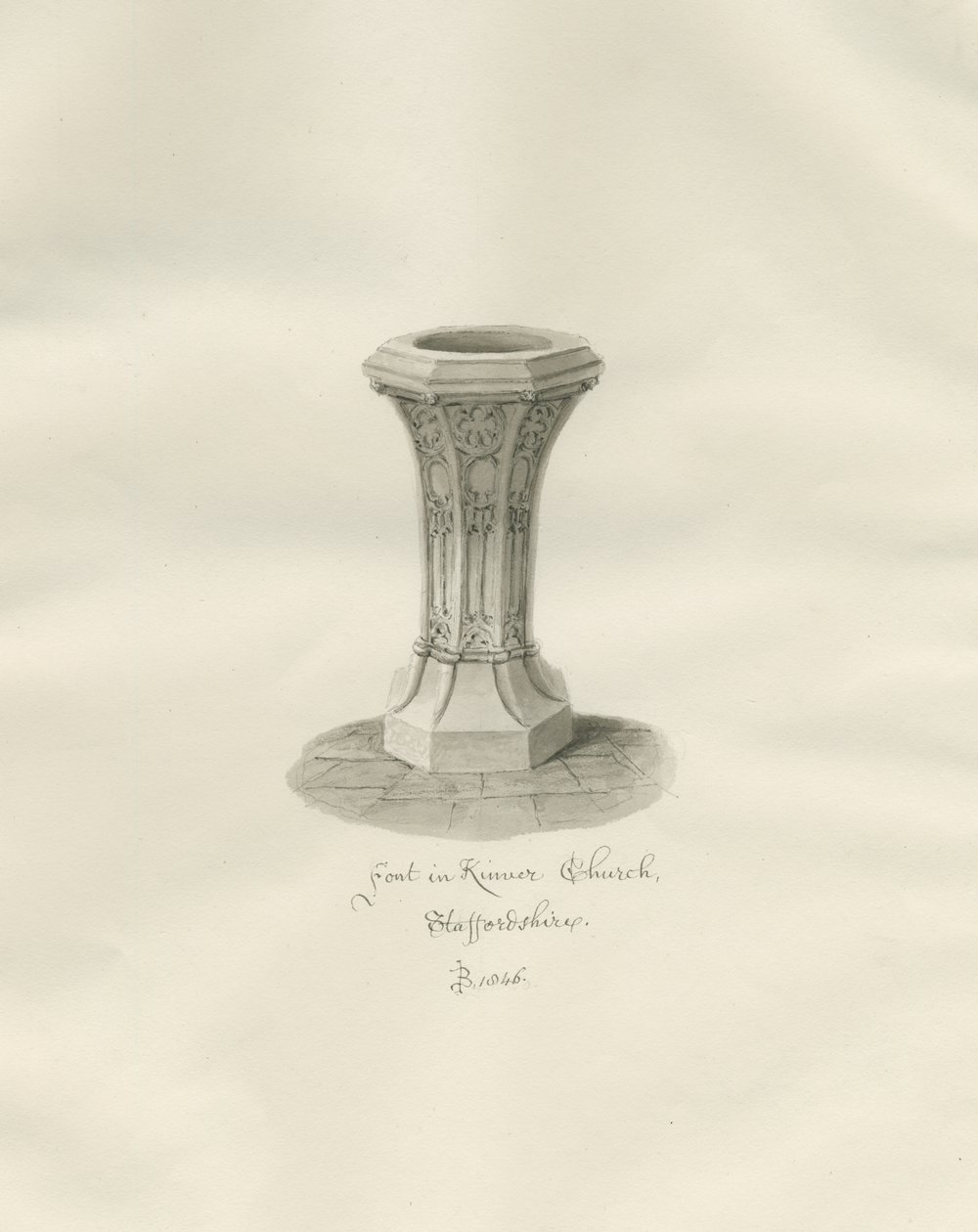 Skrifttype i Kinver Kirke: sepia tegning af John Buckler