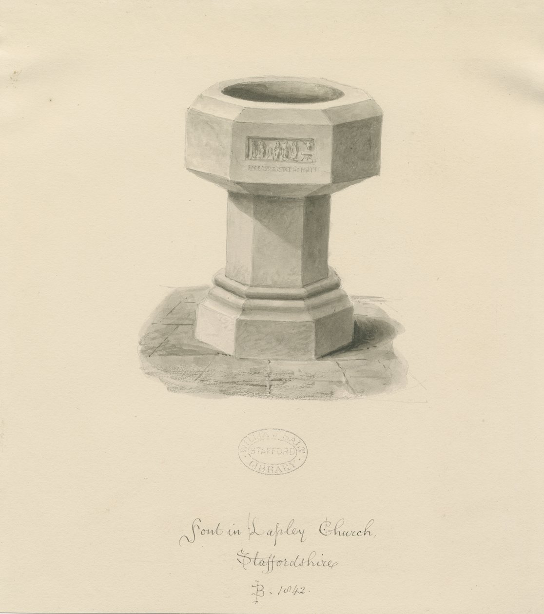 Font i Lapley Church: sepia vask tegning af John Buckler