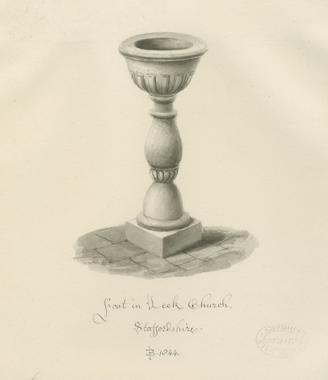 Font i Porre Kirke: sepia tegning, 1844 af John Buckler