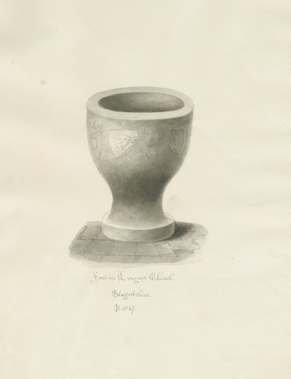 Skrifttype i Longnor Church: sepia tegning af John Buckler