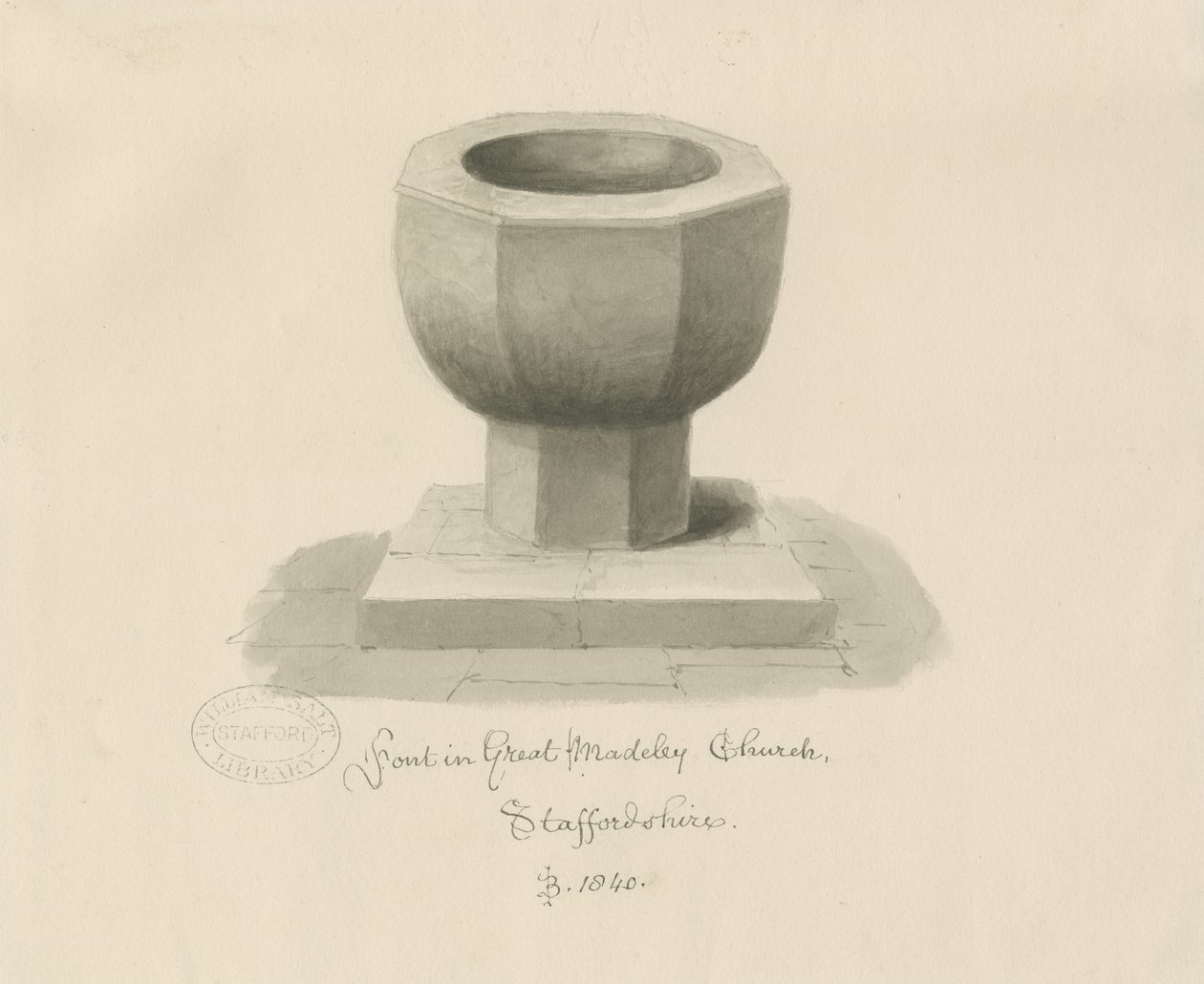 Skrifttype i Madeley Church: sepia tegning af John Buckler
