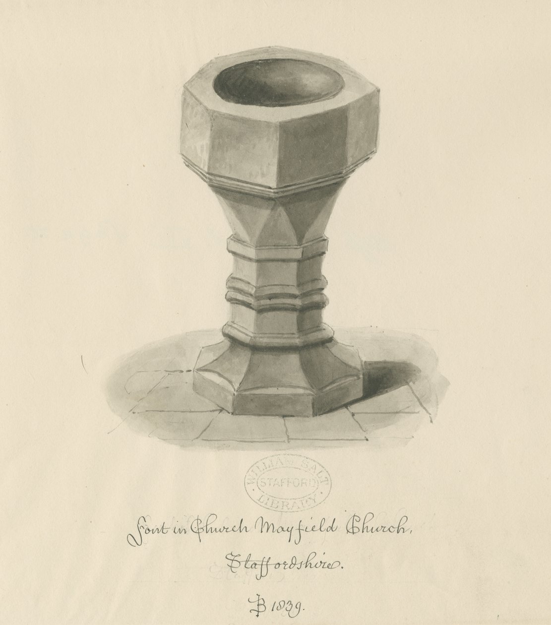 Skrifttype i Mayfield Church: sepia tegning af John Buckler