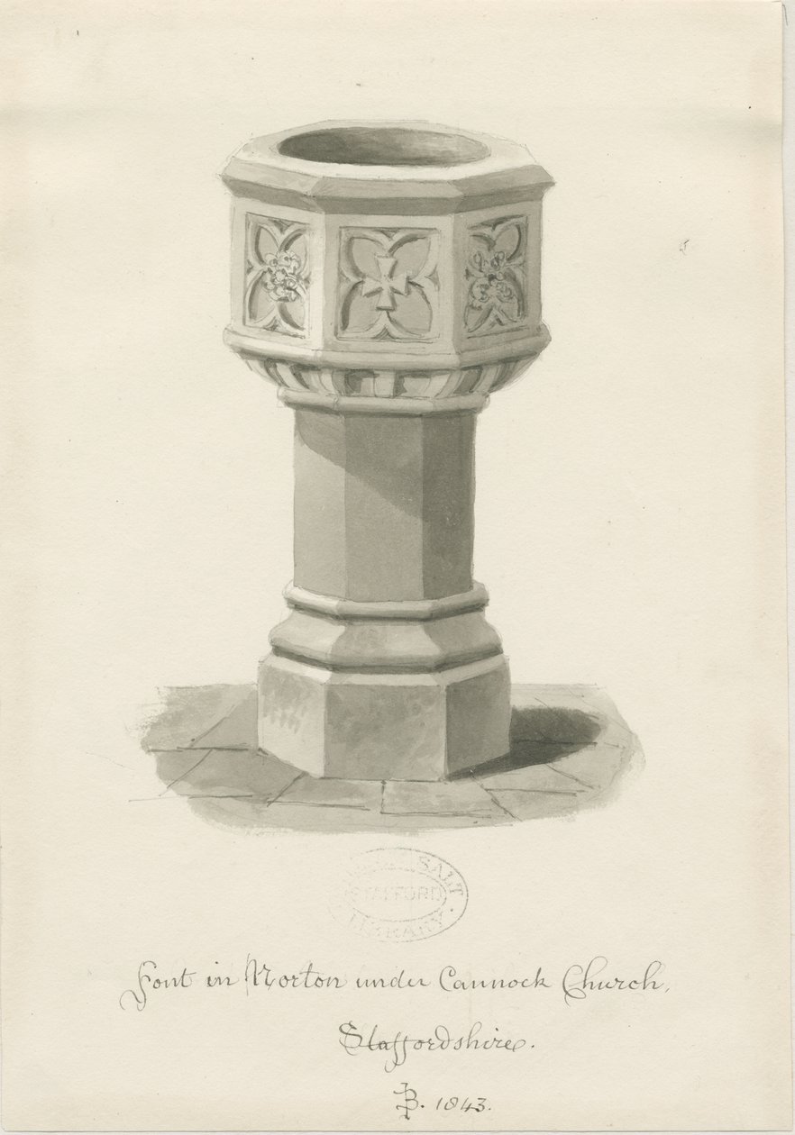 Skrifttype i Norton Canes Church: sepia vask tegning, 1843 af John Buckler