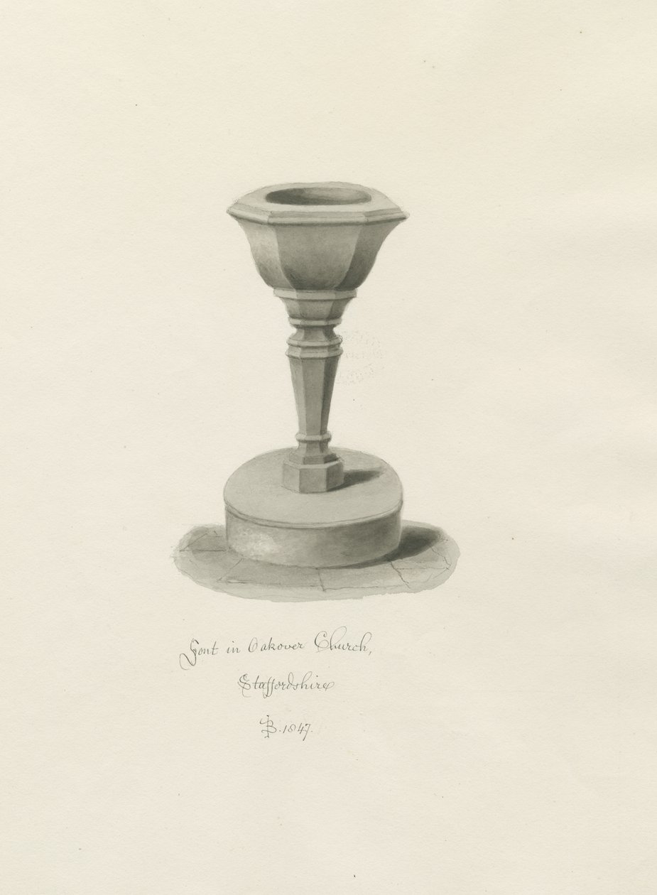 Skrifttype i Okeover Kirke: sepia tegning af John Buckler