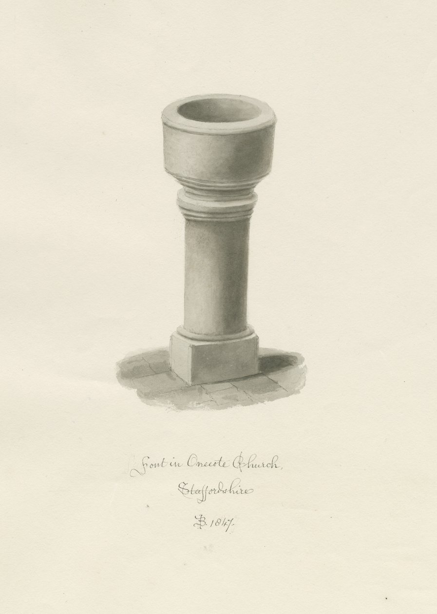 Font i Onecote Church: sepia-tegning, 1847 af John Buckler