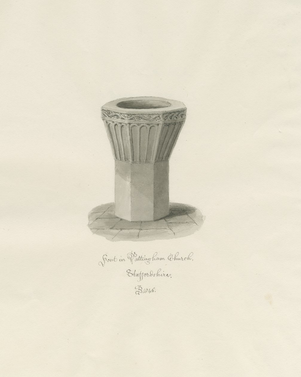 Skrifttype i Pattingham Church: sepia vask tegning, 1846 af John Buckler