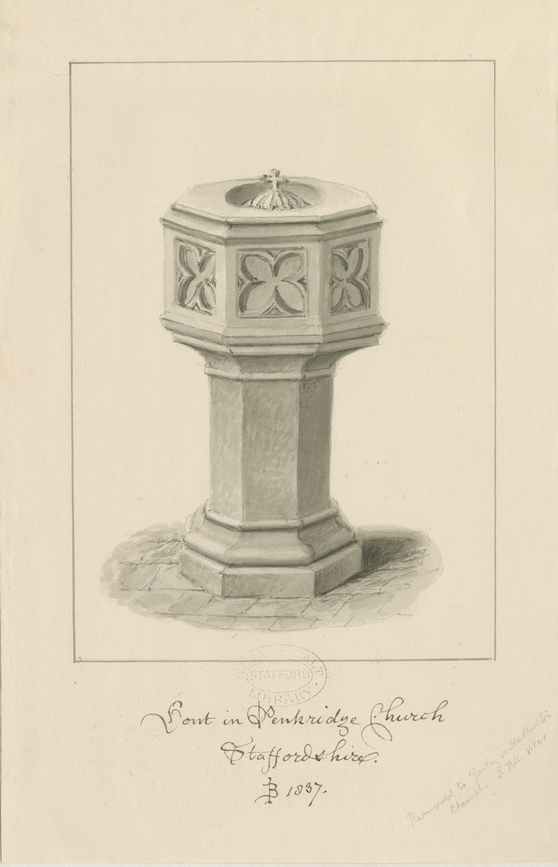 Skrifttype i Penkridge Church: sepia tegning af John Buckler