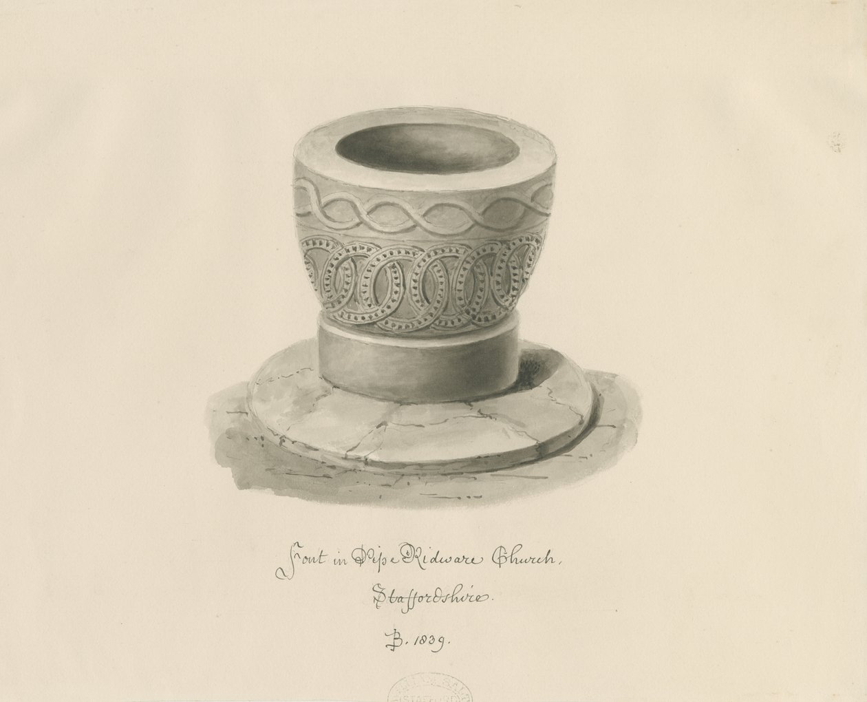 Skrifttype i Pipe Ridware Church: sepia tegning af John Buckler