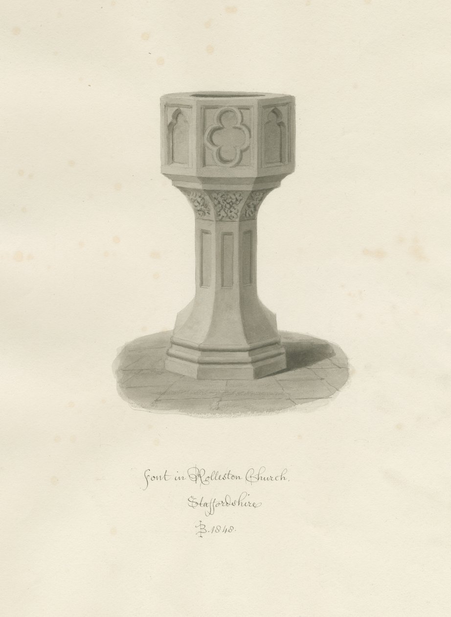 Font i Rolleston Church: sepia-tegning, 1848 af John Buckler