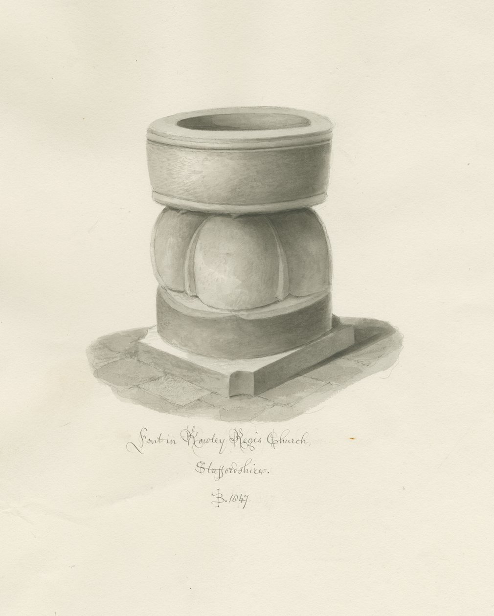 Skrifttype i Rowley Regis Church: sepia-tegning af John Buckler